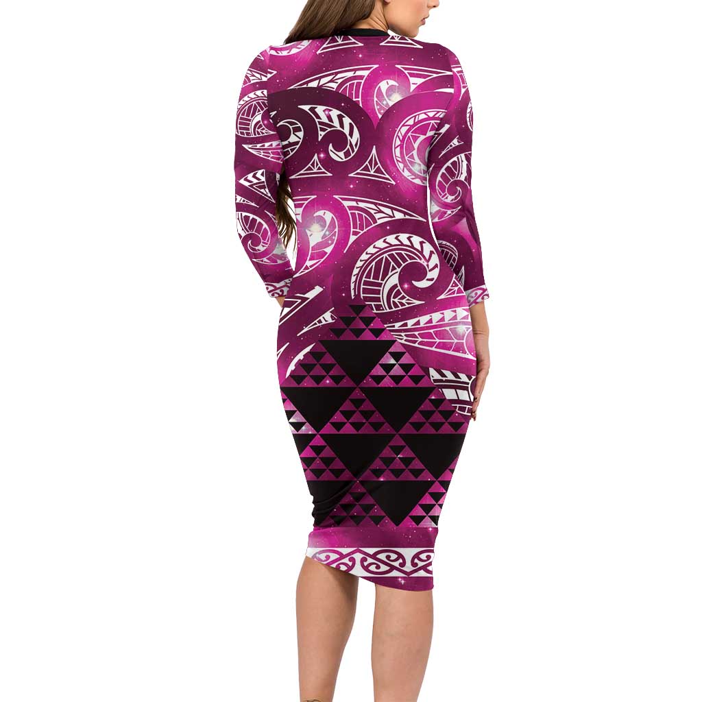 Matariki New Zealand Family Matching Long Sleeve Bodycon Dress and Hawaiian Shirt NZ Niho Taniwha Maori New Year Pink Galaxy