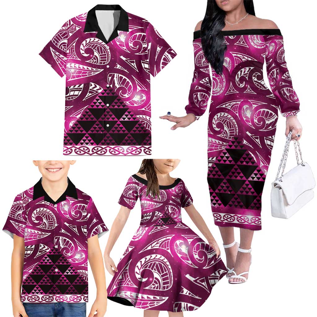 Matariki New Zealand Family Matching Off The Shoulder Long Sleeve Dress and Hawaiian Shirt NZ Niho Taniwha Maori New Year Pink Galaxy