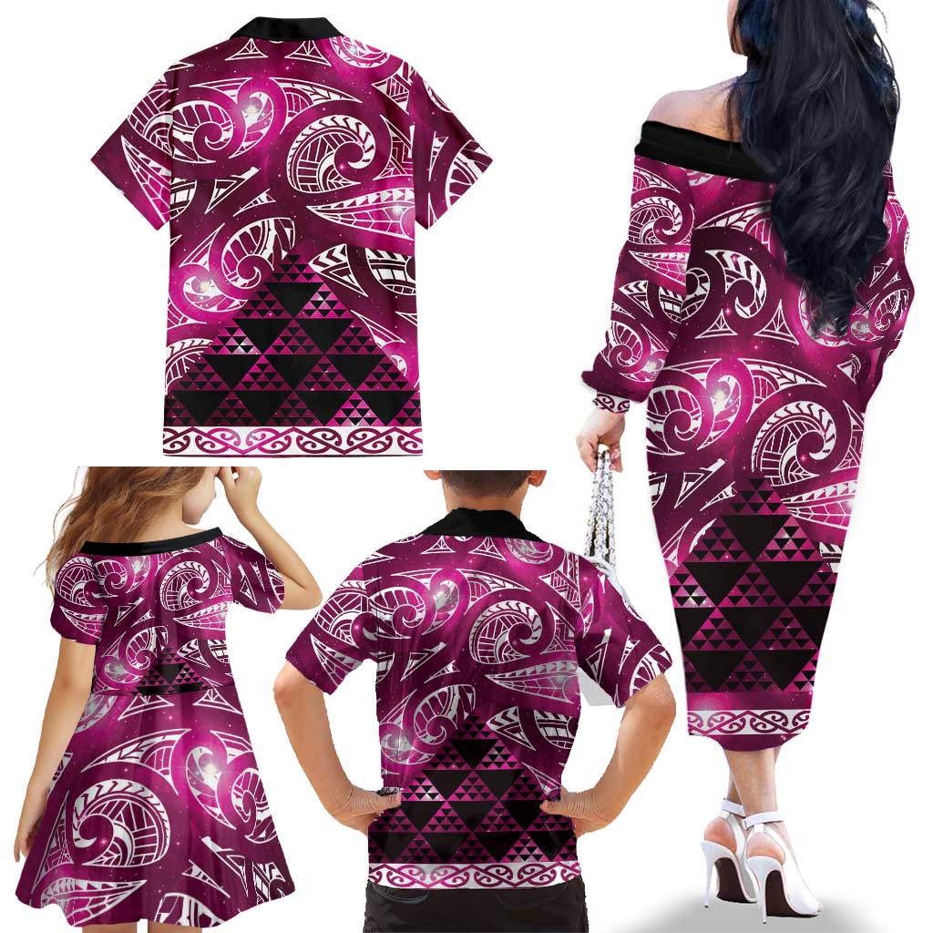 Matariki New Zealand Family Matching Off The Shoulder Long Sleeve Dress and Hawaiian Shirt NZ Niho Taniwha Maori New Year Pink Galaxy
