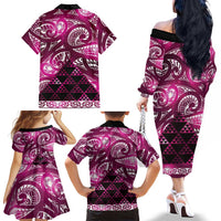 Matariki New Zealand Family Matching Off The Shoulder Long Sleeve Dress and Hawaiian Shirt NZ Niho Taniwha Maori New Year Pink Galaxy