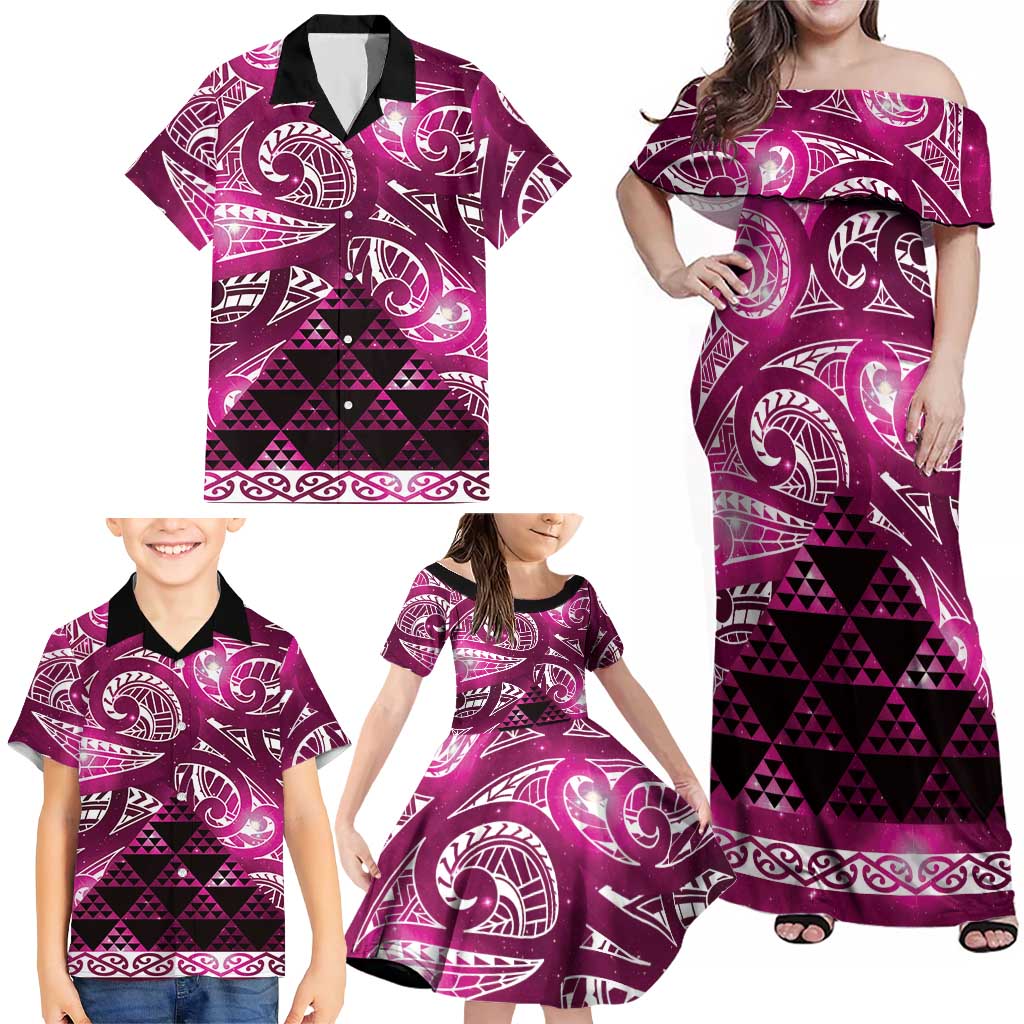 Matariki New Zealand Family Matching Off Shoulder Maxi Dress and Hawaiian Shirt NZ Niho Taniwha Maori New Year Pink Galaxy LT14 - Polynesian Pride