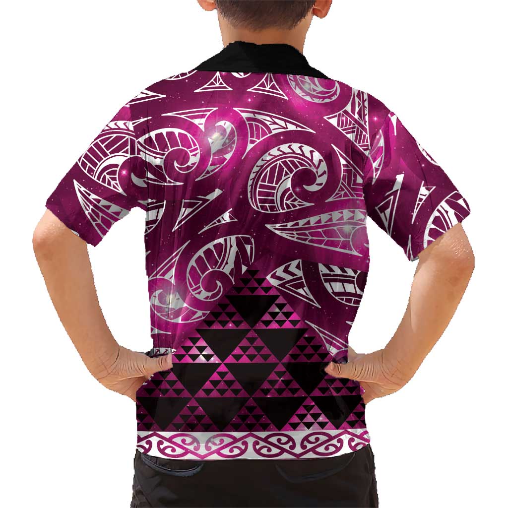 Matariki New Zealand Family Matching Short Sleeve Bodycon Dress and Hawaiian Shirt NZ Niho Taniwha Maori New Year Pink Galaxy
