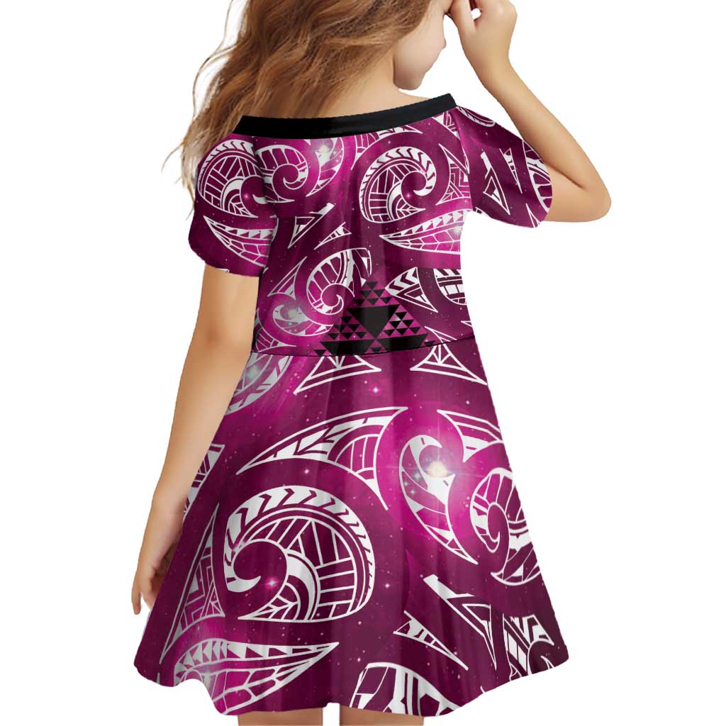 Matariki New Zealand Family Matching Short Sleeve Bodycon Dress and Hawaiian Shirt NZ Niho Taniwha Maori New Year Pink Galaxy