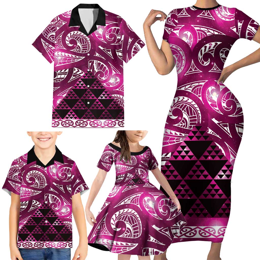 Matariki New Zealand Family Matching Short Sleeve Bodycon Dress and Hawaiian Shirt NZ Niho Taniwha Maori New Year Pink Galaxy