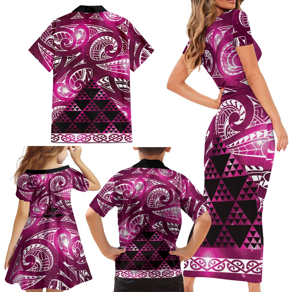 Matariki New Zealand Family Matching Short Sleeve Bodycon Dress and Hawaiian Shirt NZ Niho Taniwha Maori New Year Pink Galaxy