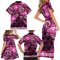 Matariki New Zealand Family Matching Short Sleeve Bodycon Dress and Hawaiian Shirt NZ Niho Taniwha Maori New Year Pink Galaxy