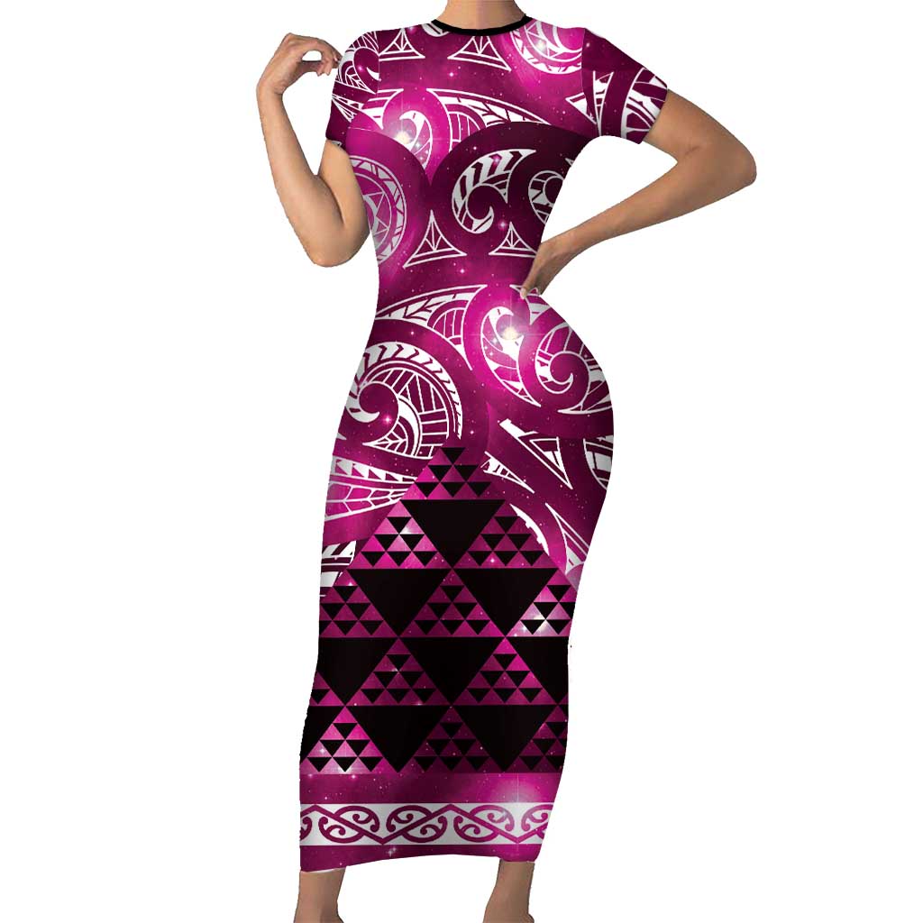 Matariki New Zealand Family Matching Short Sleeve Bodycon Dress and Hawaiian Shirt NZ Niho Taniwha Maori New Year Pink Galaxy