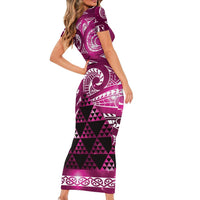 Matariki New Zealand Family Matching Short Sleeve Bodycon Dress and Hawaiian Shirt NZ Niho Taniwha Maori New Year Pink Galaxy