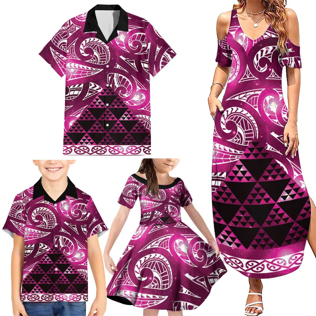 Matariki New Zealand Family Matching Summer Maxi Dress and Hawaiian Shirt NZ Niho Taniwha Maori New Year Pink Galaxy