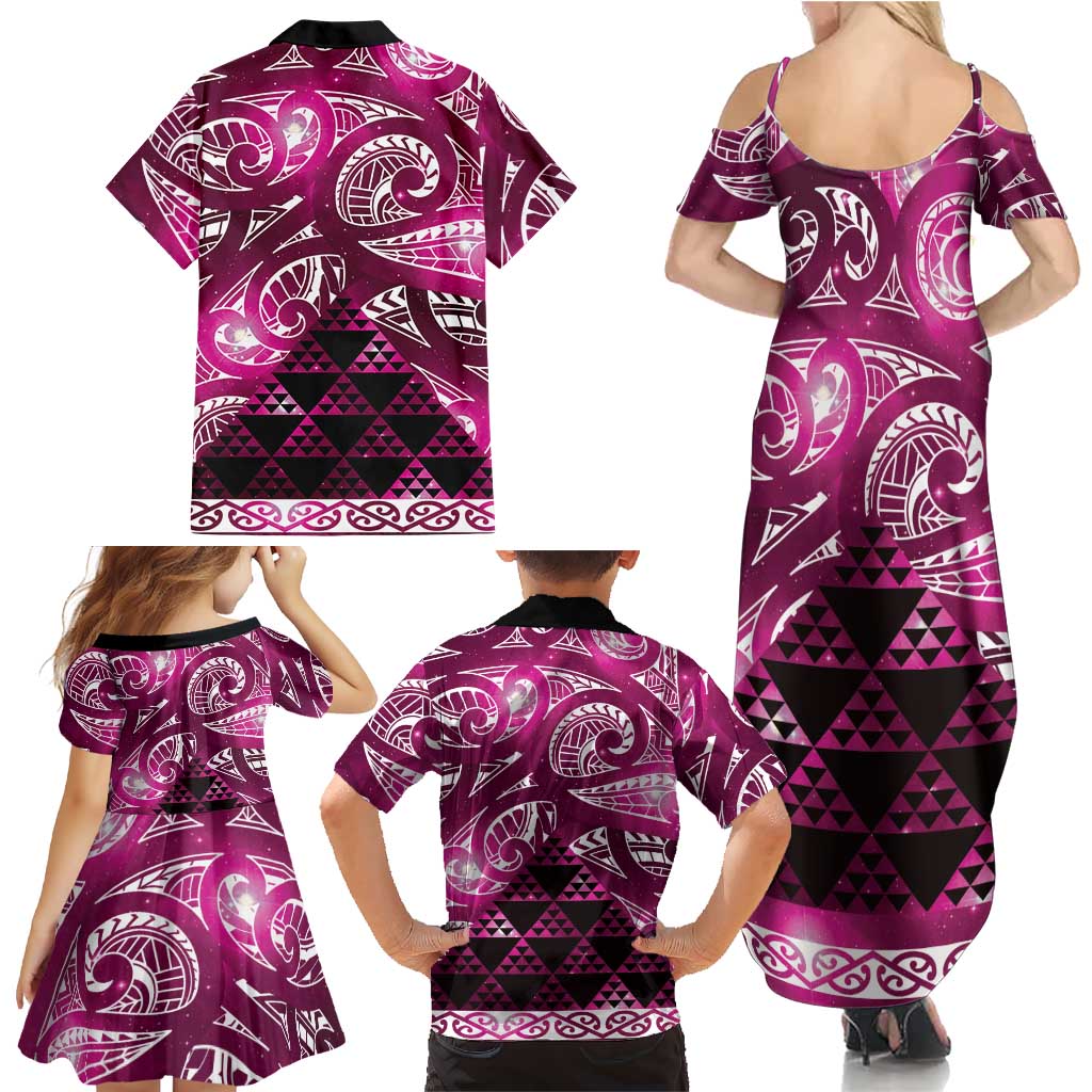 Matariki New Zealand Family Matching Summer Maxi Dress and Hawaiian Shirt NZ Niho Taniwha Maori New Year Pink Galaxy