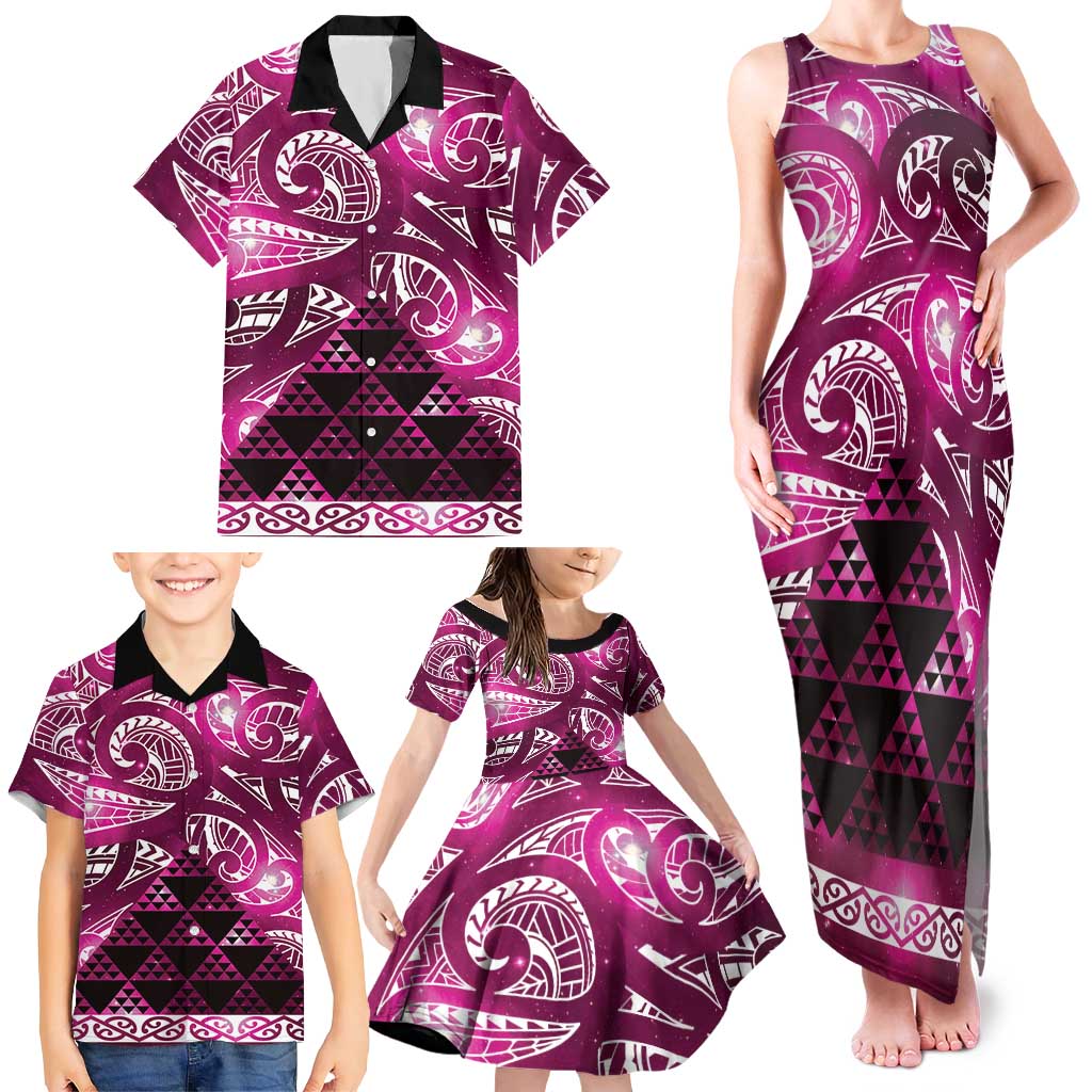 Matariki New Zealand Family Matching Tank Maxi Dress and Hawaiian Shirt NZ Niho Taniwha Maori New Year Pink Galaxy LT14 - Polynesian Pride