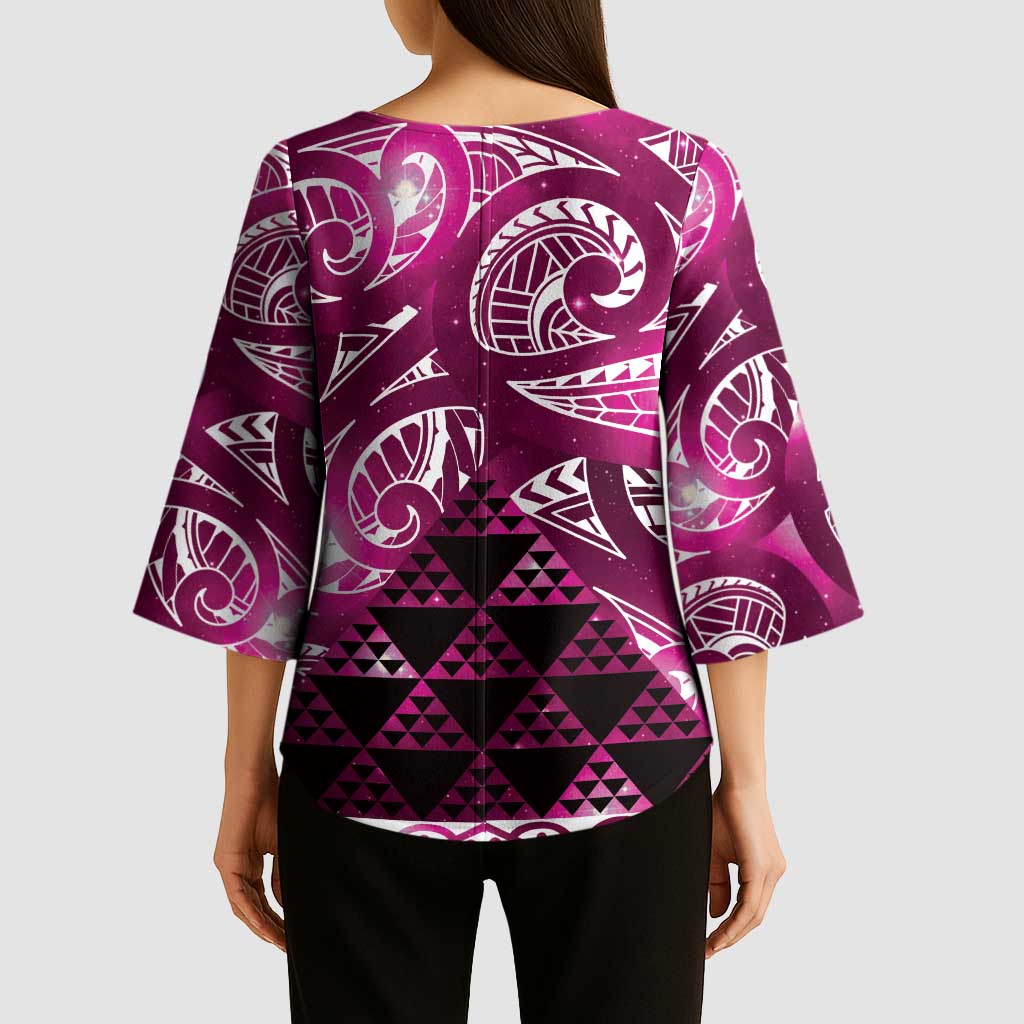 Matariki New Zealand Kimono Sleeve Blouse NZ Niho Taniwha Maori New Year Pink Galaxy