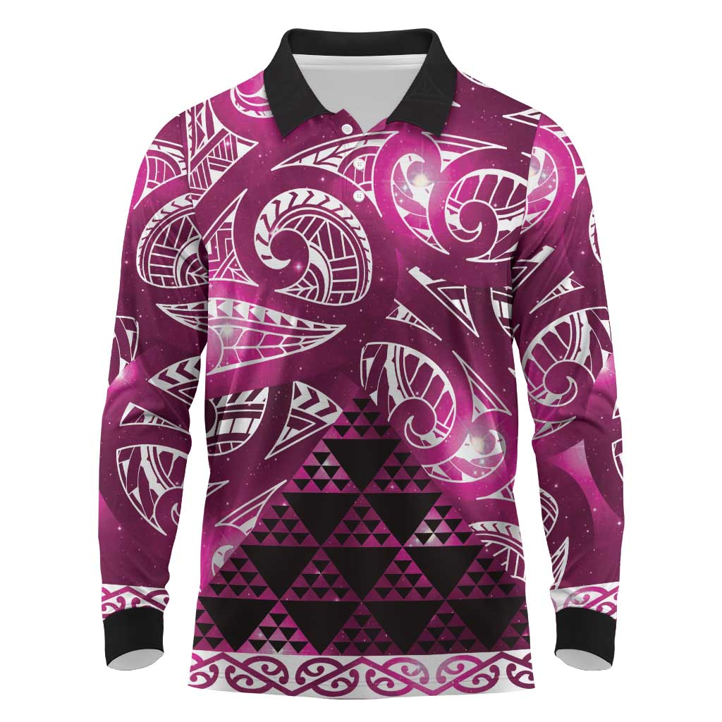 Matariki New Zealand Long Sleeve Polo Shirt NZ Niho Taniwha Maori New Year Pink Galaxy