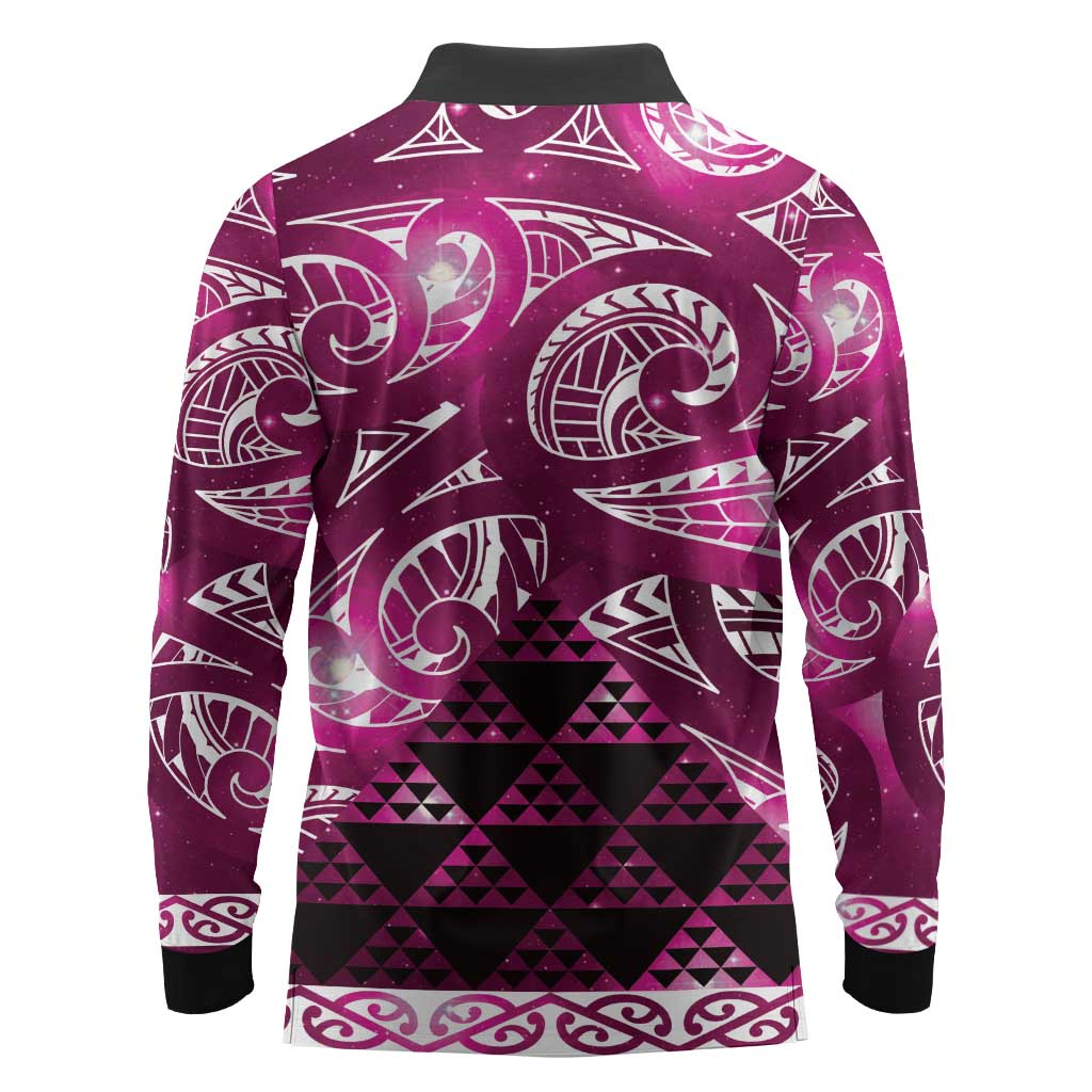 Matariki New Zealand Long Sleeve Polo Shirt NZ Niho Taniwha Maori New Year Pink Galaxy