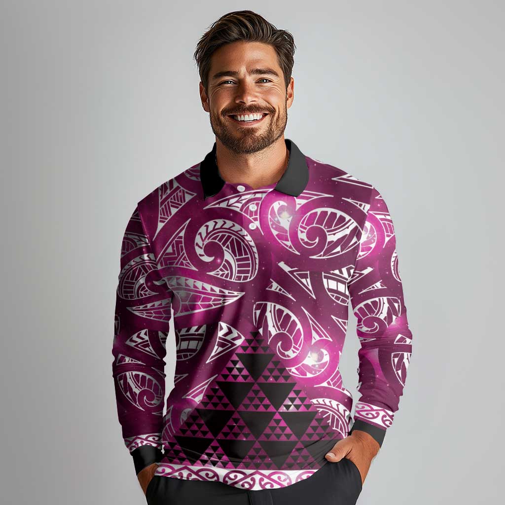 Matariki New Zealand Long Sleeve Polo Shirt NZ Niho Taniwha Maori New Year Pink Galaxy