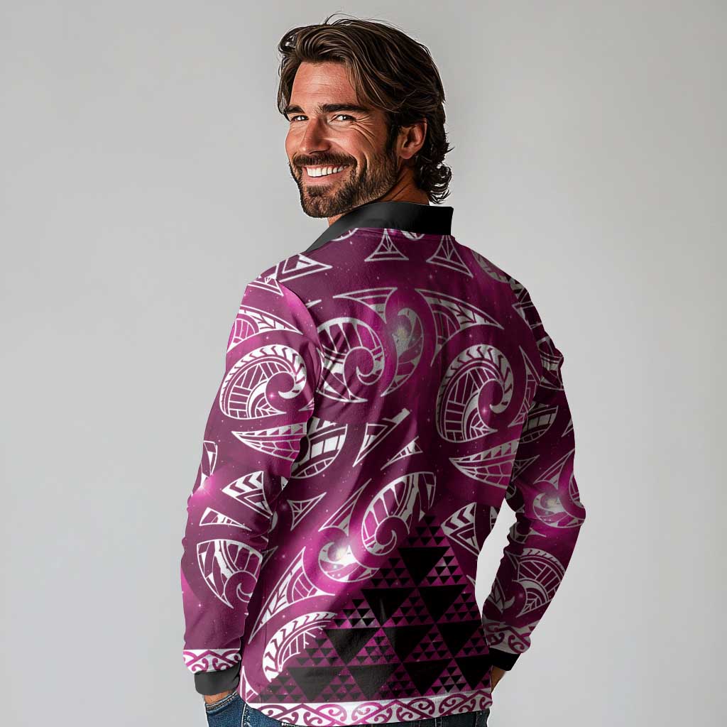 Matariki New Zealand Long Sleeve Polo Shirt NZ Niho Taniwha Maori New Year Pink Galaxy