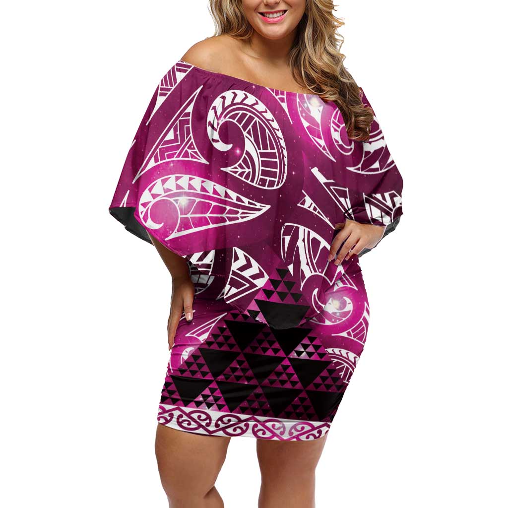 Matariki New Zealand Off Shoulder Short Dress NZ Niho Taniwha Maori New Year Pink Galaxy