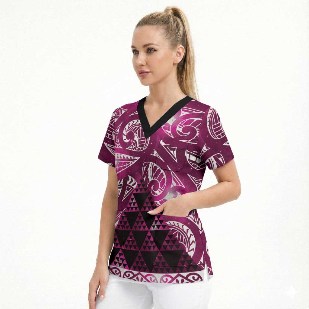 Matariki New Zealand Scrub Top NZ Niho Taniwha Maori New Year Pink Galaxy LT14 - Polynesian Pride