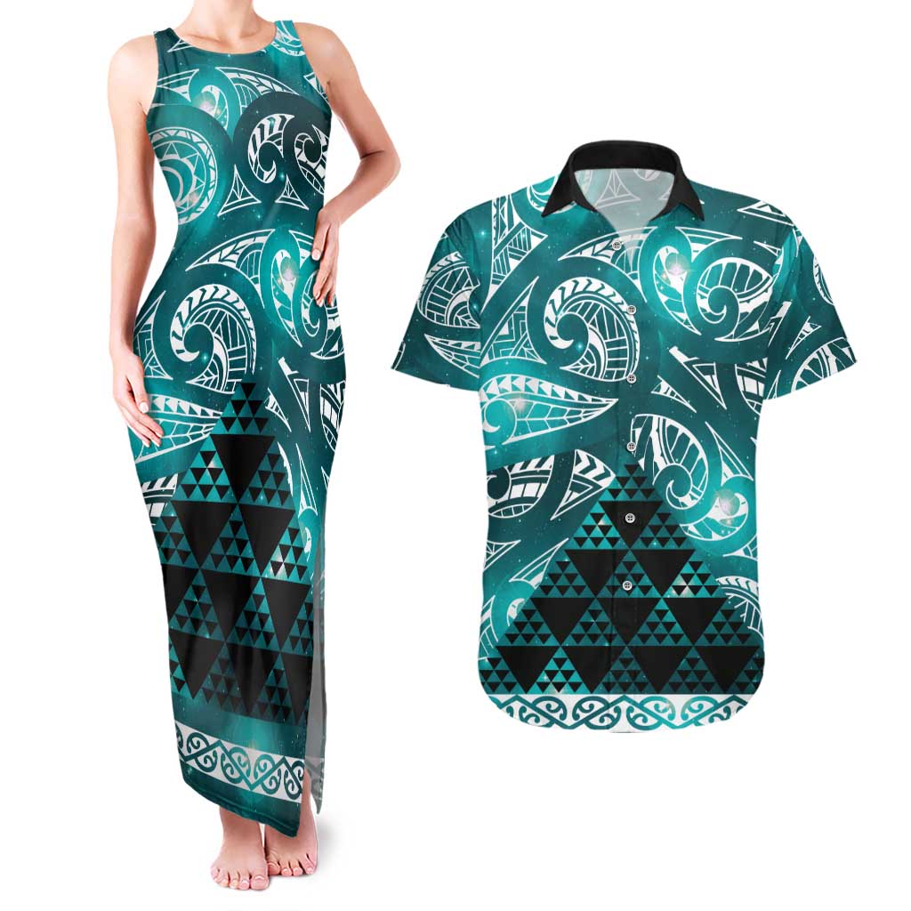 Matariki New Zealand Couples Matching Tank Maxi Dress and Hawaiian Shirt NZ Niho Taniwha Maori New Year Cyan Galaxy