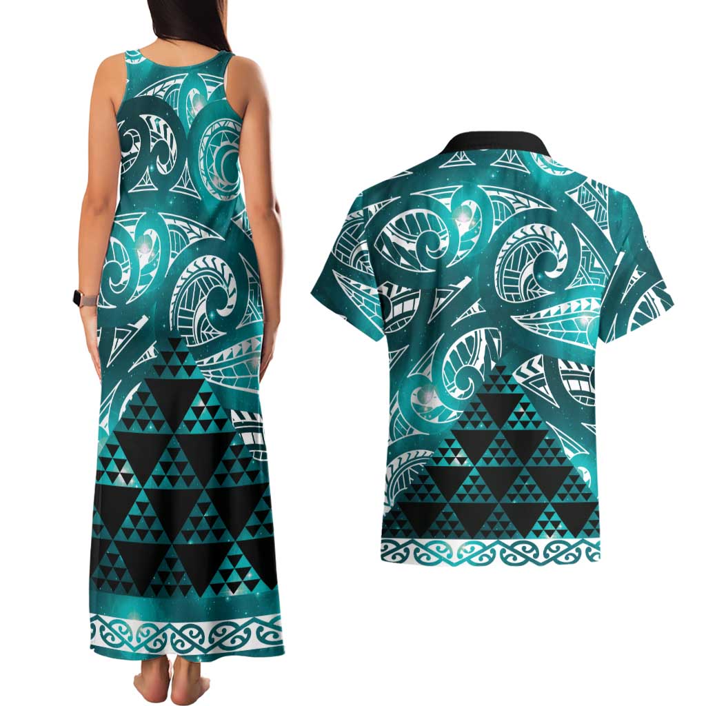 Matariki New Zealand Couples Matching Tank Maxi Dress and Hawaiian Shirt NZ Niho Taniwha Maori New Year Cyan Galaxy