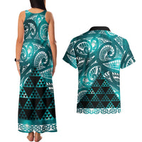 Matariki New Zealand Couples Matching Tank Maxi Dress and Hawaiian Shirt NZ Niho Taniwha Maori New Year Cyan Galaxy