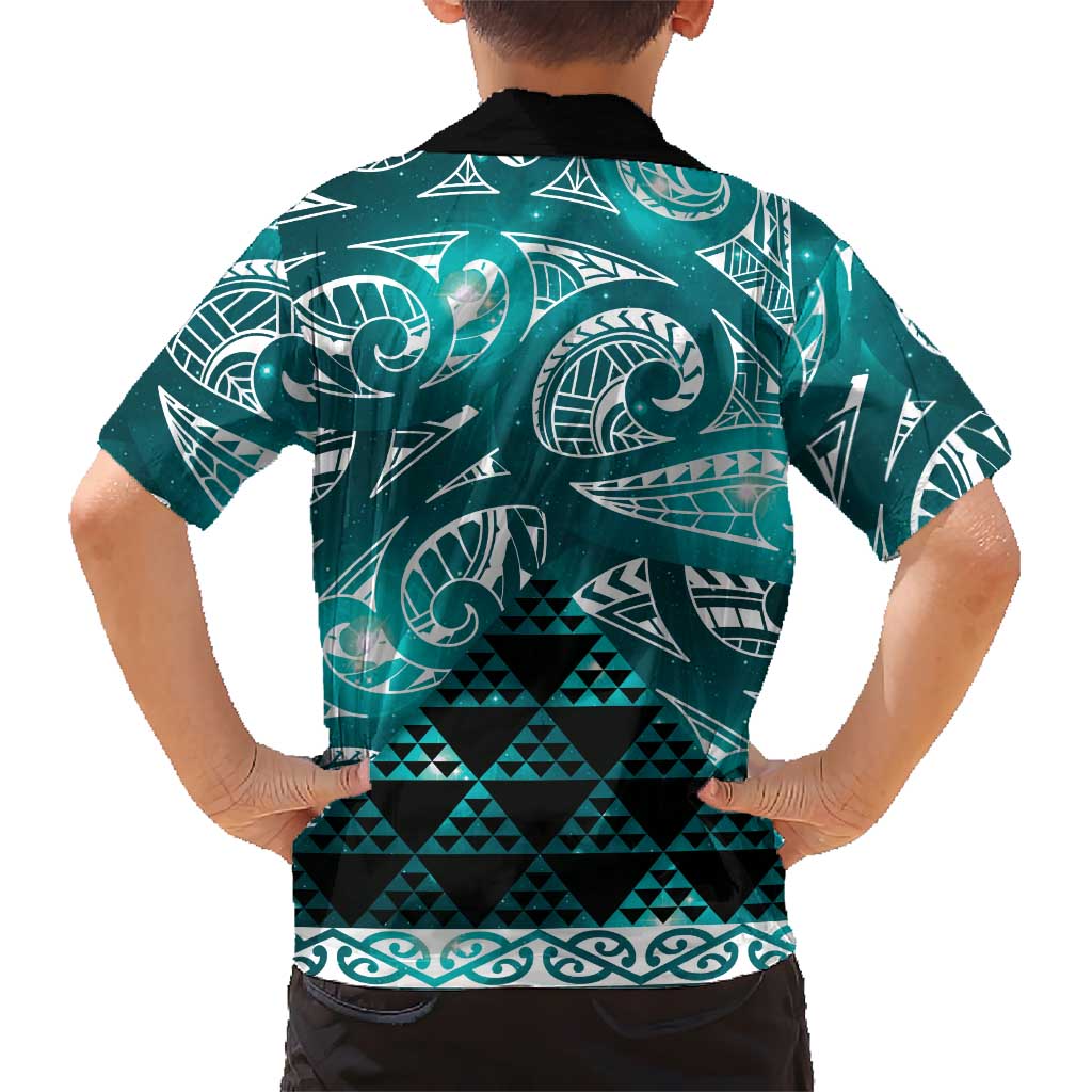 Matariki New Zealand Family Matching Off Shoulder Short Dress and Hawaiian Shirt NZ Niho Taniwha Maori New Year Cyan Galaxy