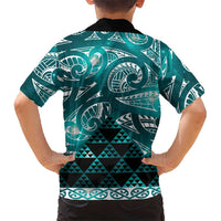 Matariki New Zealand Family Matching Off Shoulder Short Dress and Hawaiian Shirt NZ Niho Taniwha Maori New Year Cyan Galaxy