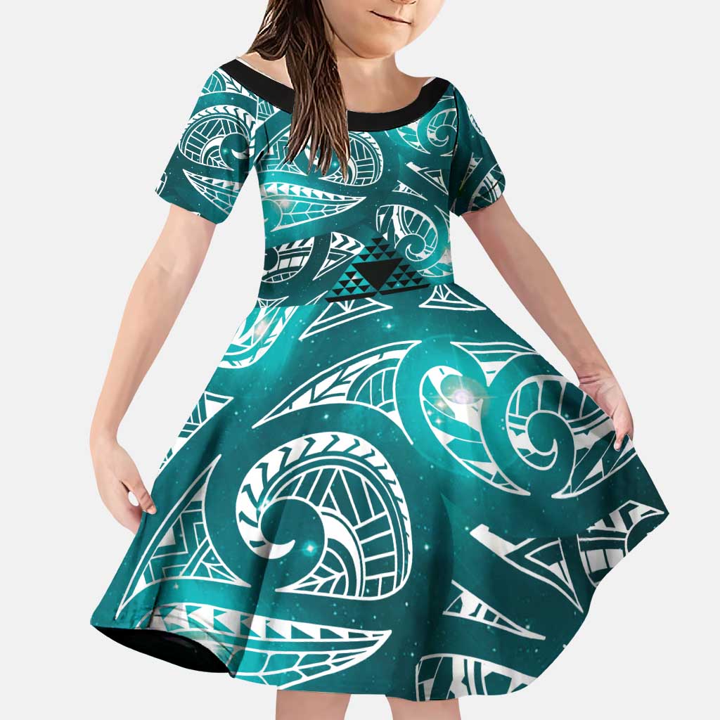 Matariki New Zealand Family Matching Off Shoulder Short Dress and Hawaiian Shirt NZ Niho Taniwha Maori New Year Cyan Galaxy