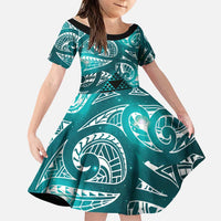Matariki New Zealand Family Matching Off Shoulder Short Dress and Hawaiian Shirt NZ Niho Taniwha Maori New Year Cyan Galaxy