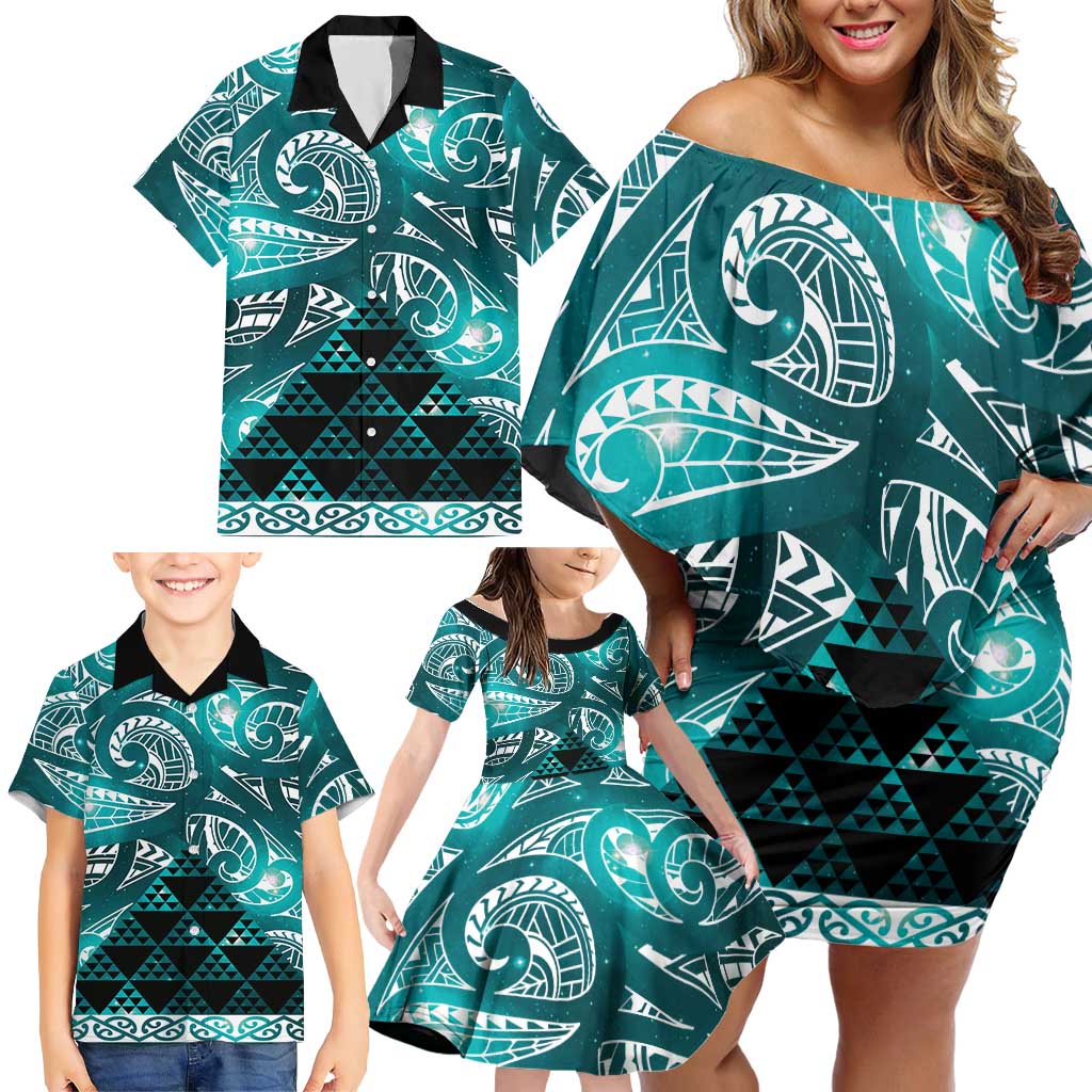 Matariki New Zealand Family Matching Off Shoulder Short Dress and Hawaiian Shirt NZ Niho Taniwha Maori New Year Cyan Galaxy