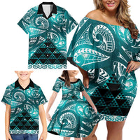Matariki New Zealand Family Matching Off Shoulder Short Dress and Hawaiian Shirt NZ Niho Taniwha Maori New Year Cyan Galaxy