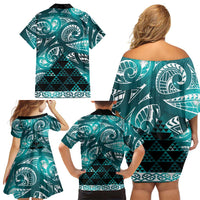 Matariki New Zealand Family Matching Off Shoulder Short Dress and Hawaiian Shirt NZ Niho Taniwha Maori New Year Cyan Galaxy