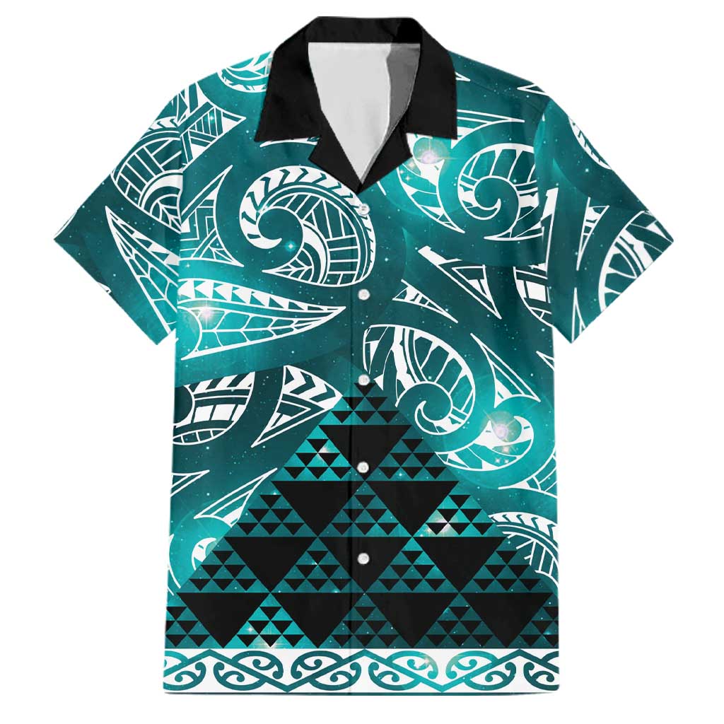 Matariki New Zealand Family Matching Off Shoulder Short Dress and Hawaiian Shirt NZ Niho Taniwha Maori New Year Cyan Galaxy