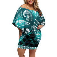 Matariki New Zealand Family Matching Off Shoulder Short Dress and Hawaiian Shirt NZ Niho Taniwha Maori New Year Cyan Galaxy
