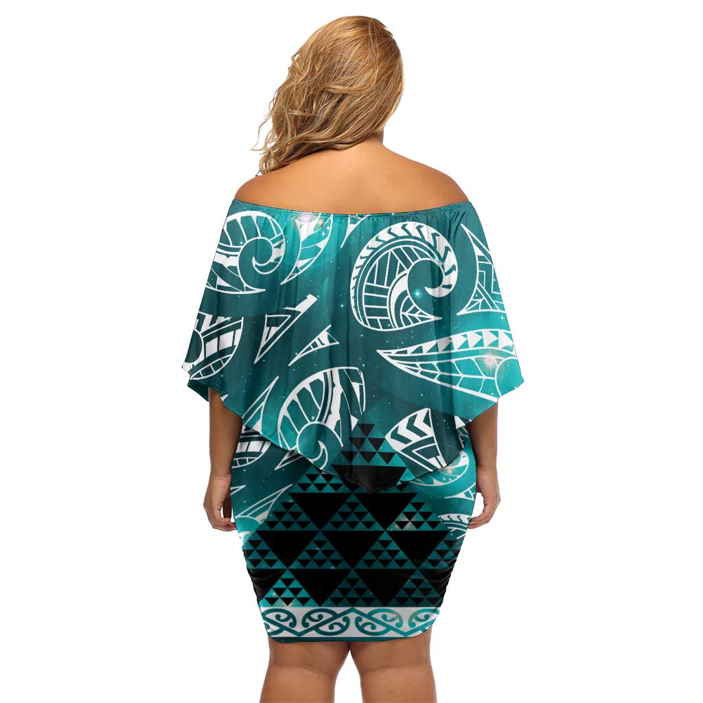 Matariki New Zealand Family Matching Off Shoulder Short Dress and Hawaiian Shirt NZ Niho Taniwha Maori New Year Cyan Galaxy
