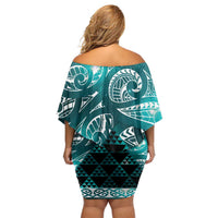 Matariki New Zealand Family Matching Off Shoulder Short Dress and Hawaiian Shirt NZ Niho Taniwha Maori New Year Cyan Galaxy