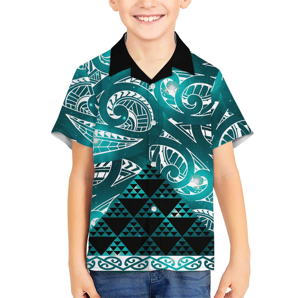 Matariki New Zealand Family Matching Off Shoulder Short Dress and Hawaiian Shirt NZ Niho Taniwha Maori New Year Cyan Galaxy