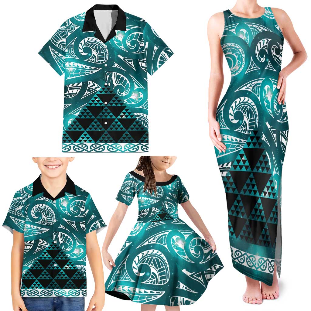 Matariki New Zealand Family Matching Tank Maxi Dress and Hawaiian Shirt NZ Niho Taniwha Maori New Year Cyan Galaxy LT14 - Polynesian Pride
