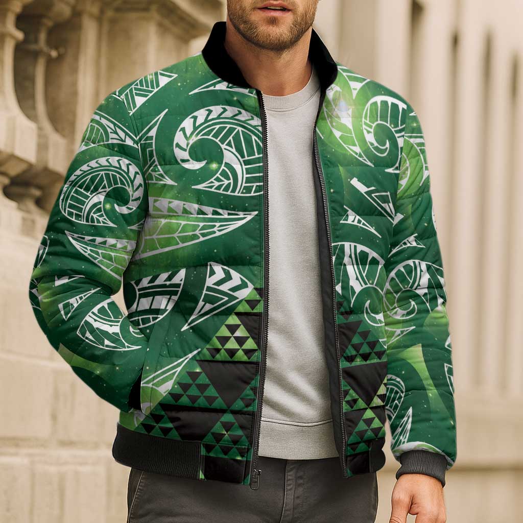Matariki New Zealand Bomber Puffer Jacket NZ Niho Taniwha Maori New Year Green Galaxy LT14 - Polynesian Pride