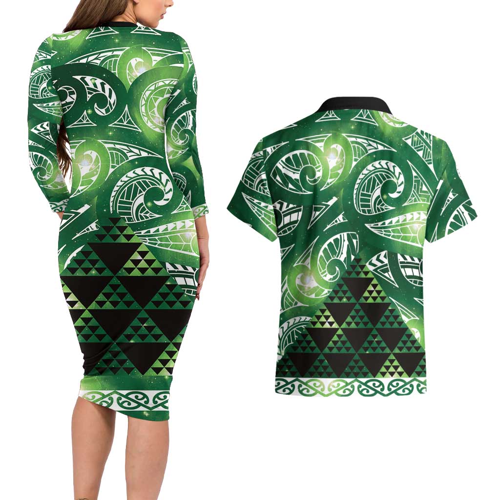 Matariki New Zealand Couples Matching Long Sleeve Bodycon Dress and Hawaiian Shirt NZ Niho Taniwha Maori New Year Green Galaxy
