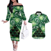 Matariki New Zealand Couples Matching Off The Shoulder Long Sleeve Dress and Hawaiian Shirt NZ Niho Taniwha Maori New Year Green Galaxy