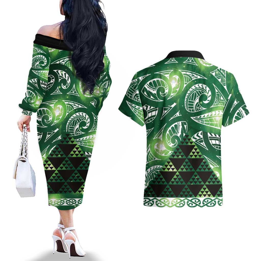 Matariki New Zealand Couples Matching Off The Shoulder Long Sleeve Dress and Hawaiian Shirt NZ Niho Taniwha Maori New Year Green Galaxy