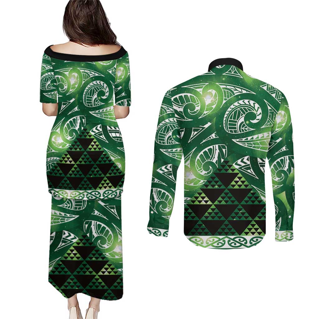 Matariki New Zealand Couples Matching Puletasi and Long Sleeve Button Shirt NZ Niho Taniwha Maori New Year Green Galaxy