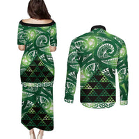 Matariki New Zealand Couples Matching Puletasi and Long Sleeve Button Shirt NZ Niho Taniwha Maori New Year Green Galaxy