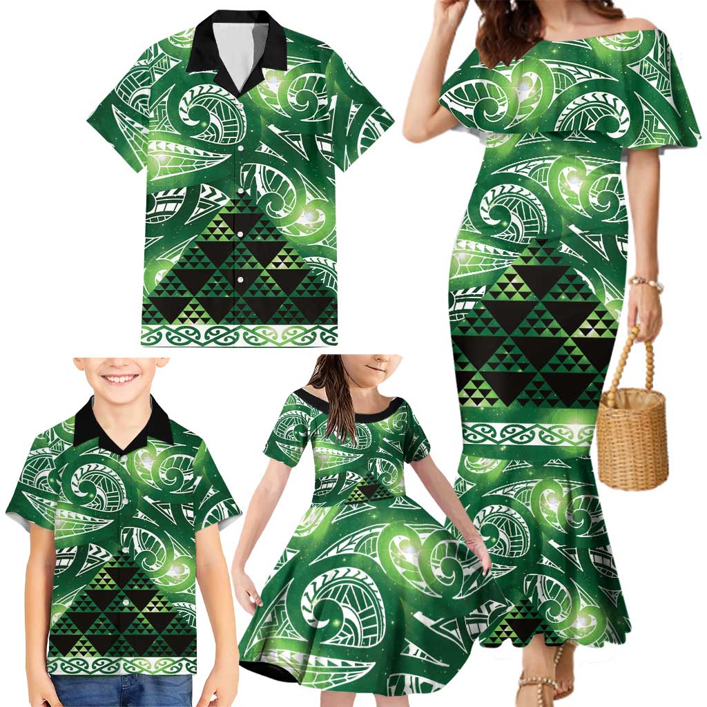 Matariki New Zealand Family Matching Mermaid Dress and Hawaiian Shirt NZ Niho Taniwha Maori New Year Green Galaxy LT14 - Polynesian Pride