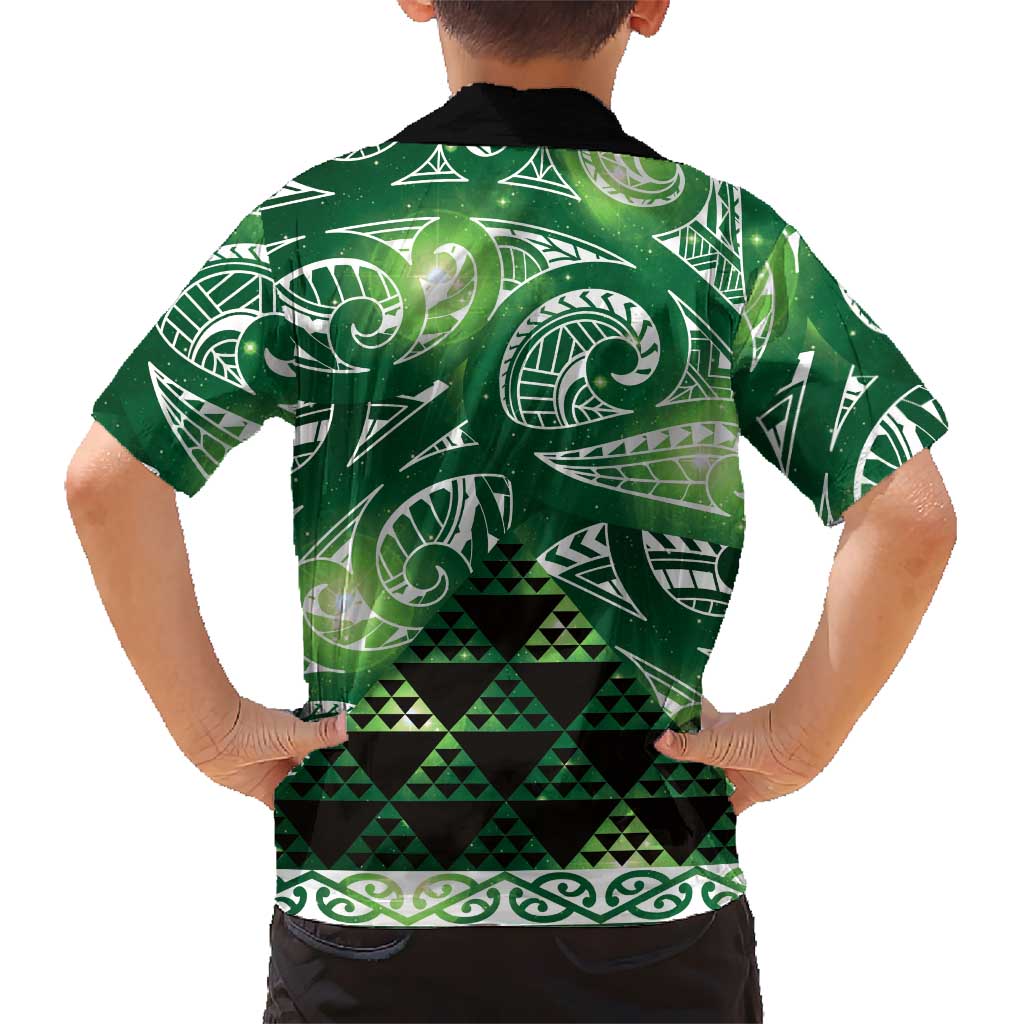 Matariki New Zealand Family Matching Off Shoulder Short Dress and Hawaiian Shirt NZ Niho Taniwha Maori New Year Green Galaxy