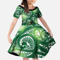 Matariki New Zealand Family Matching Off Shoulder Short Dress and Hawaiian Shirt NZ Niho Taniwha Maori New Year Green Galaxy
