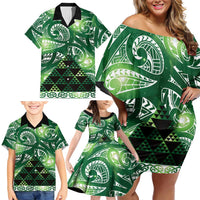 Matariki New Zealand Family Matching Off Shoulder Short Dress and Hawaiian Shirt NZ Niho Taniwha Maori New Year Green Galaxy