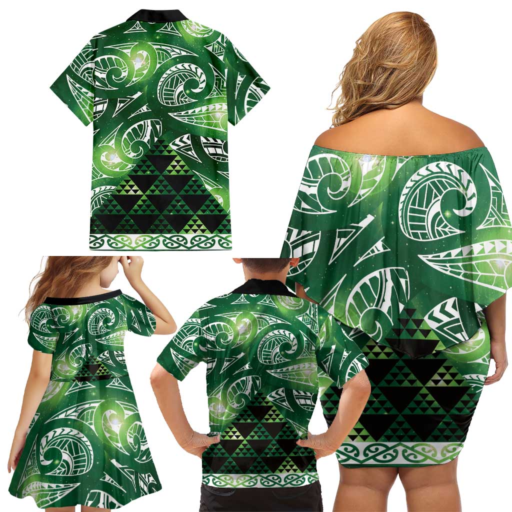 Matariki New Zealand Family Matching Off Shoulder Short Dress and Hawaiian Shirt NZ Niho Taniwha Maori New Year Green Galaxy