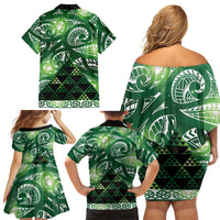 Matariki New Zealand Family Matching Off Shoulder Short Dress and Hawaiian Shirt NZ Niho Taniwha Maori New Year Green Galaxy